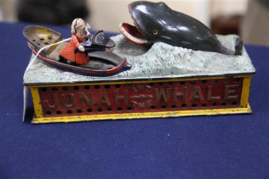 A cast iron Jonah and the whale mechanical money bank, by Shepard Hardware, c.1890, 10.25in.